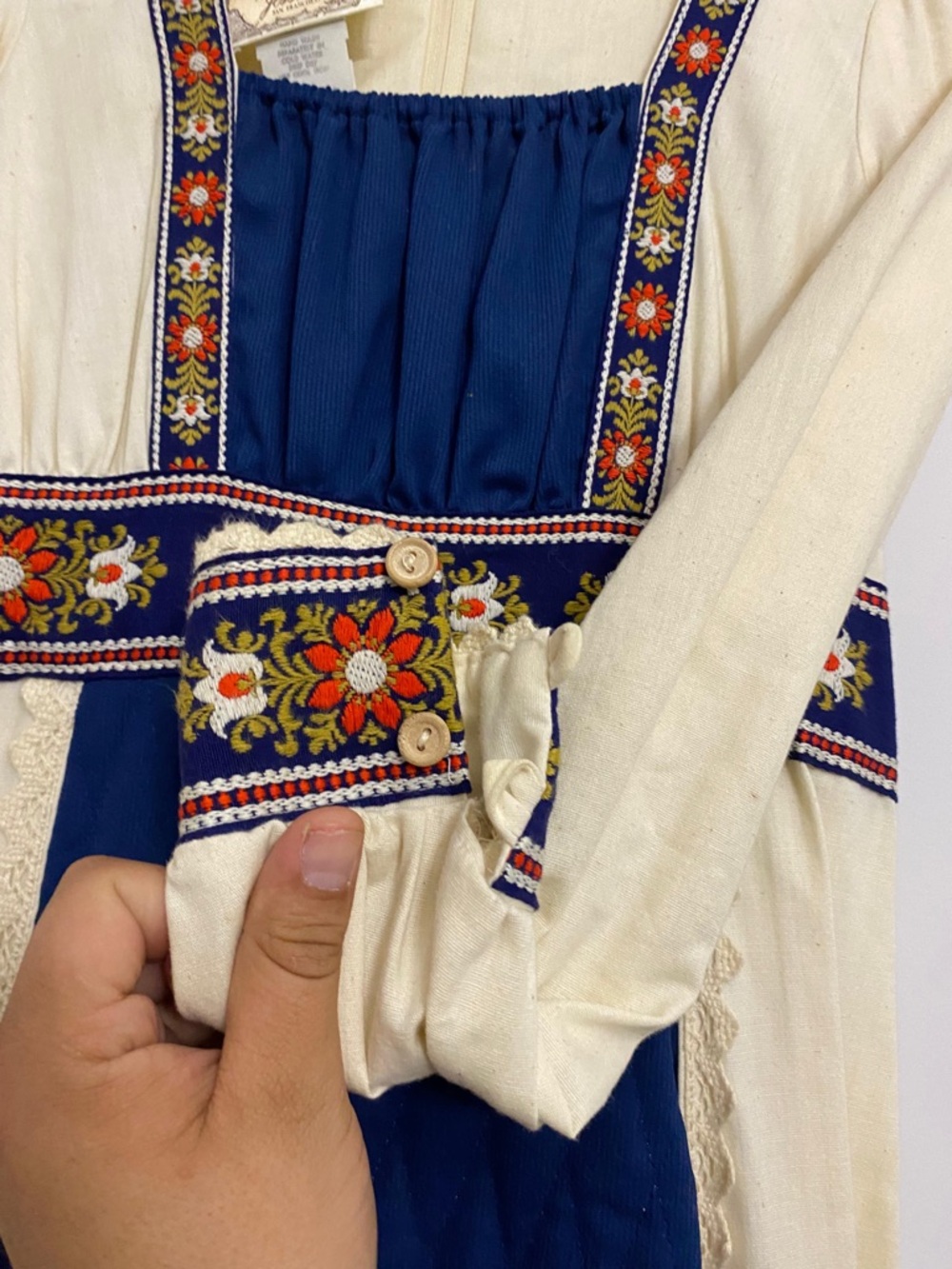 Gunne Sax Cream Maxi Dress with Navy Center Panel and Floral Trim - Picture 4 of 5